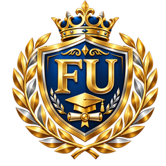 Freight University logo: gold FU and graduation cap on a navy shield under a gold crown, inside a gold laurel