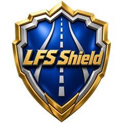 LFS Shield logo: brushed gold and silver shield with a royal blue highway center