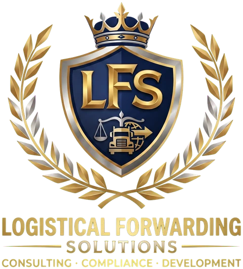 Logistical Forwarding Solutions logo: crowned shield with LFS, laurel wreath, Consulting, Compliance, Development