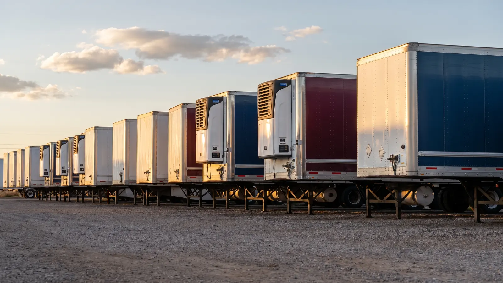 Owning and leasing semi trailers Row of unhooked 53-foot dry van and reefer trailers parked side by side in a trailer yard