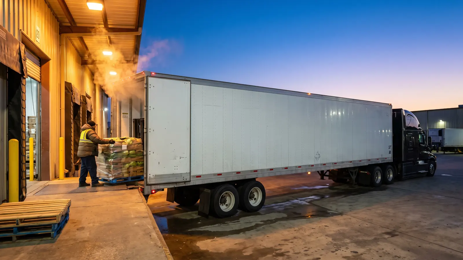 White 53-foot refrigerated trailer backed into a cold storage dock at dusk while pallets of produce are loaded