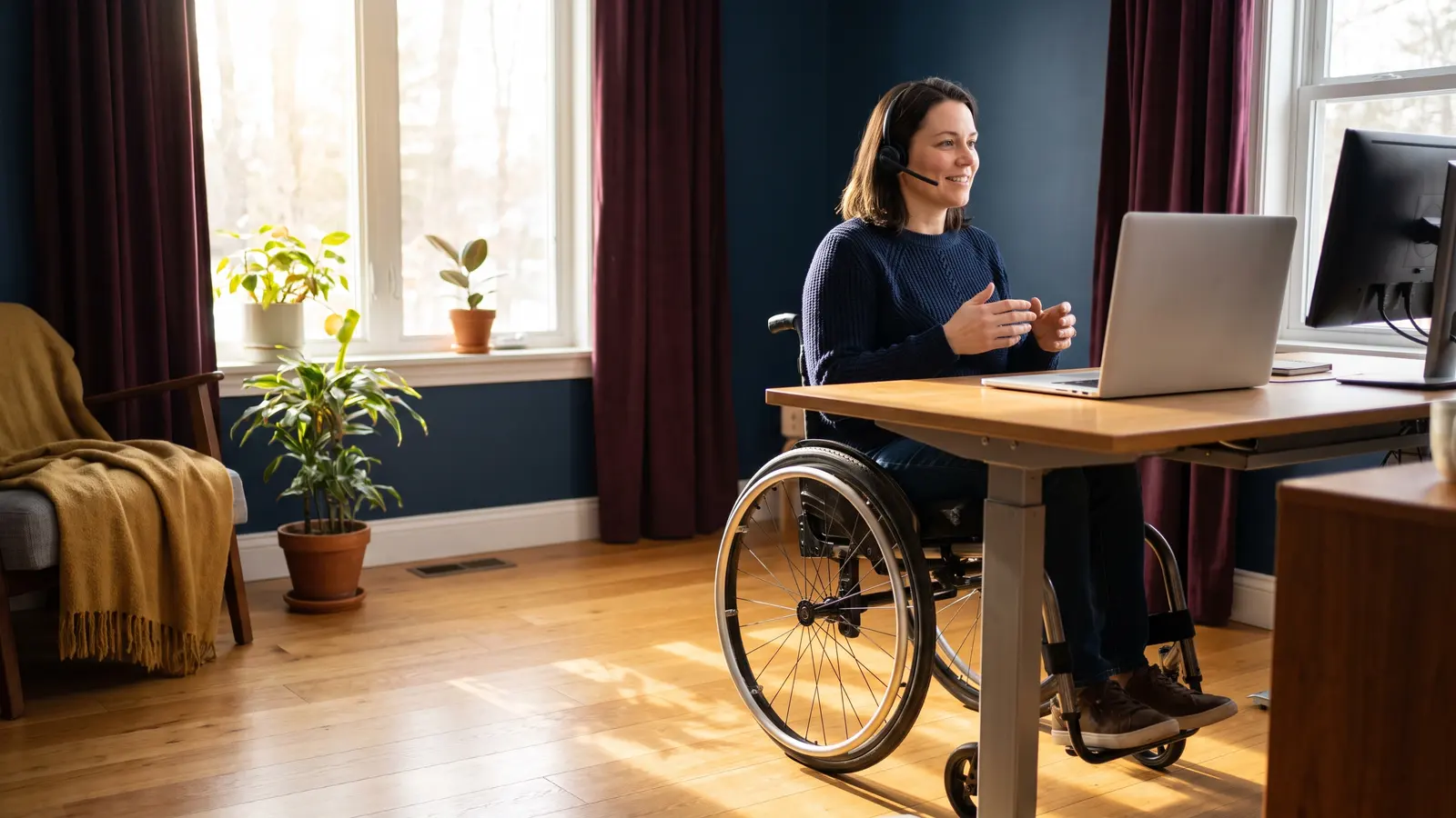 Freight work from home for people with disabilities Freight professional in a wheelchair on a call at an accessible home office desk