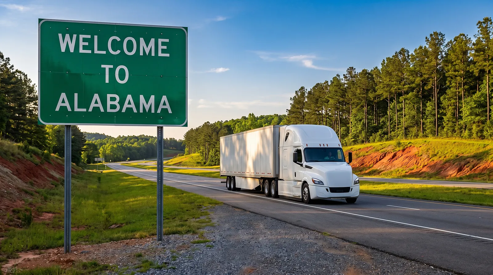 Semi truck passing the Welcome to Alabama sign, semi truck transport in Alabama