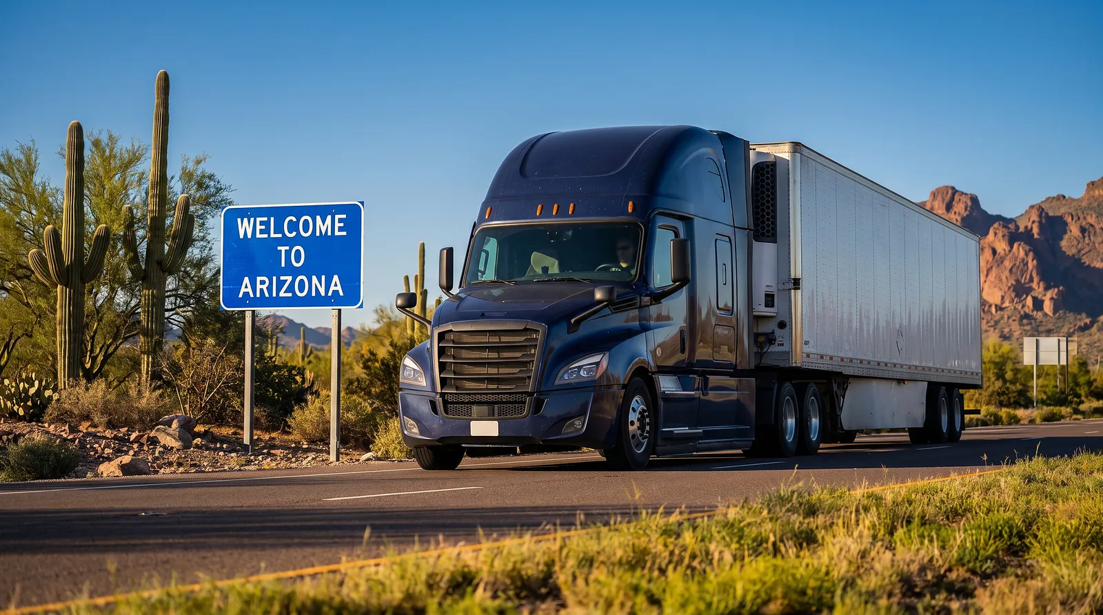 Semi truck with a 53-foot trailer passing the Welcome to Arizona sign on the highway