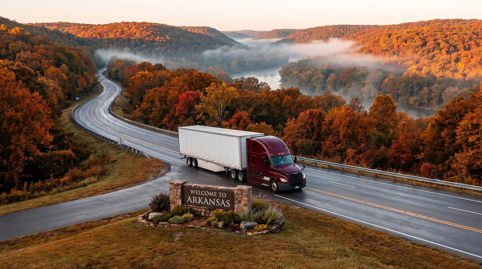 Semi truck transport in Arkansas Semi truck passing the Welcome to Arkansas sign, semi truck transport in Arkansas