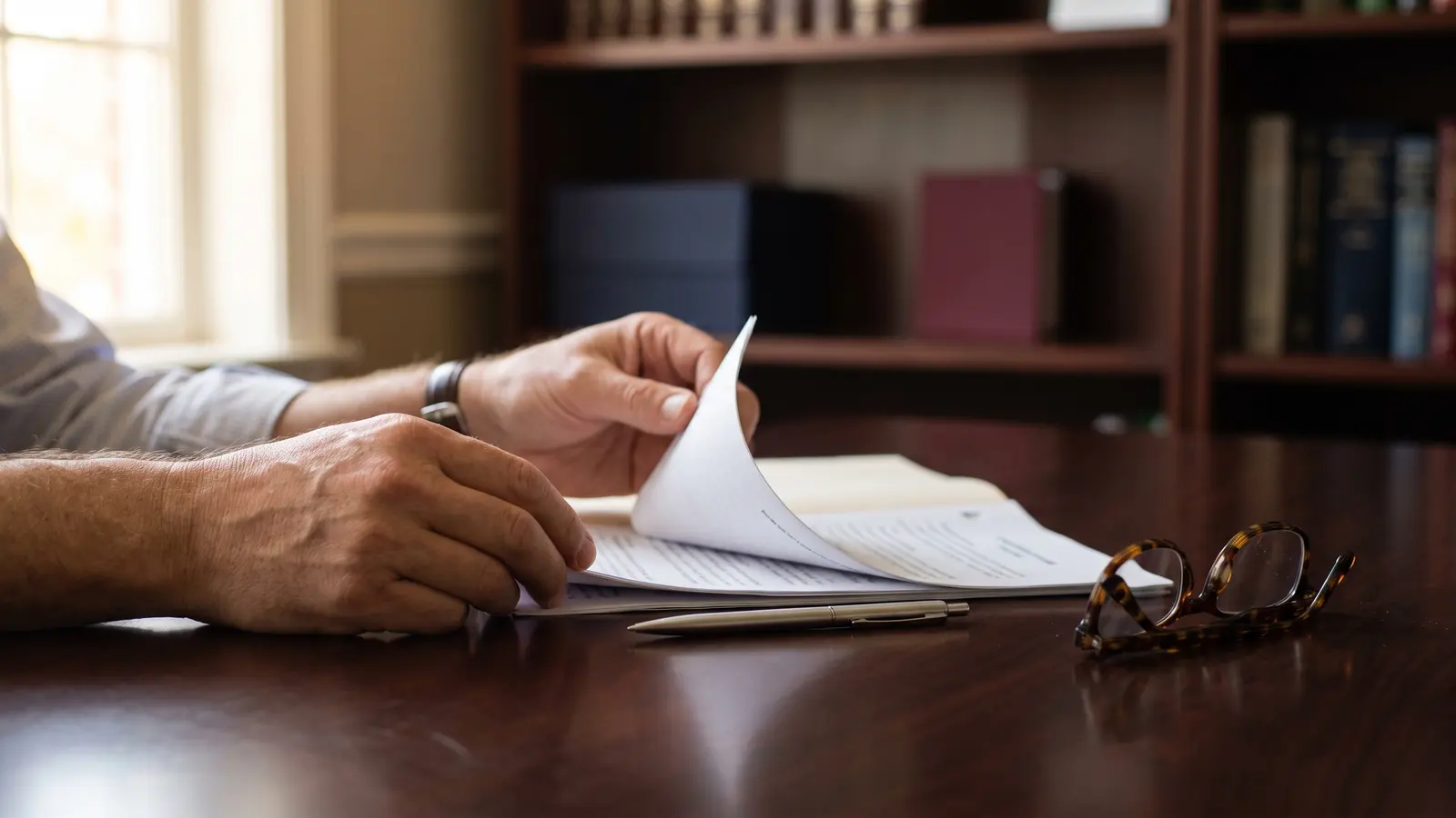 Terms of use Hands turning the pages of a printed agreement on a wooden desk beside a pen and reading glasses