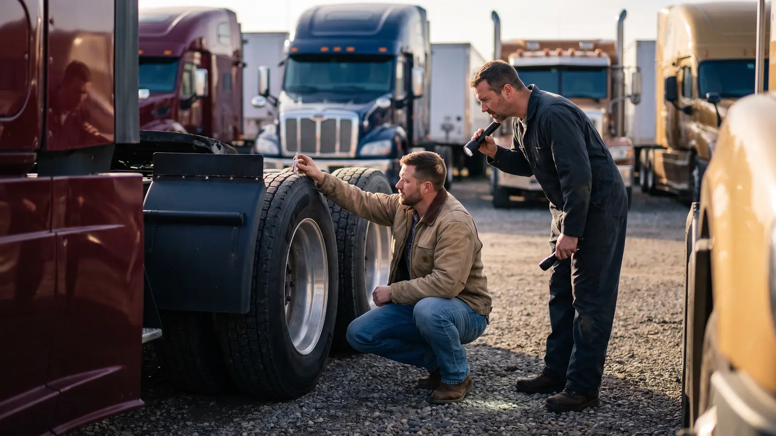 Buying your first semi truck Buyer inspecting the tires of a used semi truck before purchase
