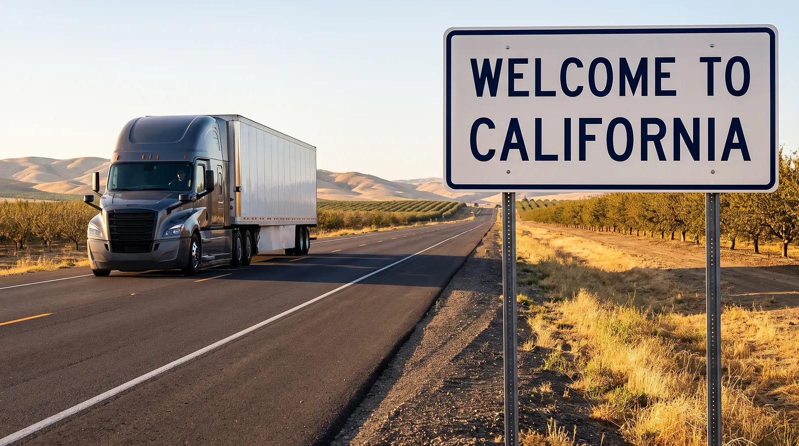 Semi truck transport in California Semi truck passing the Welcome to California sign, semi truck transport in California