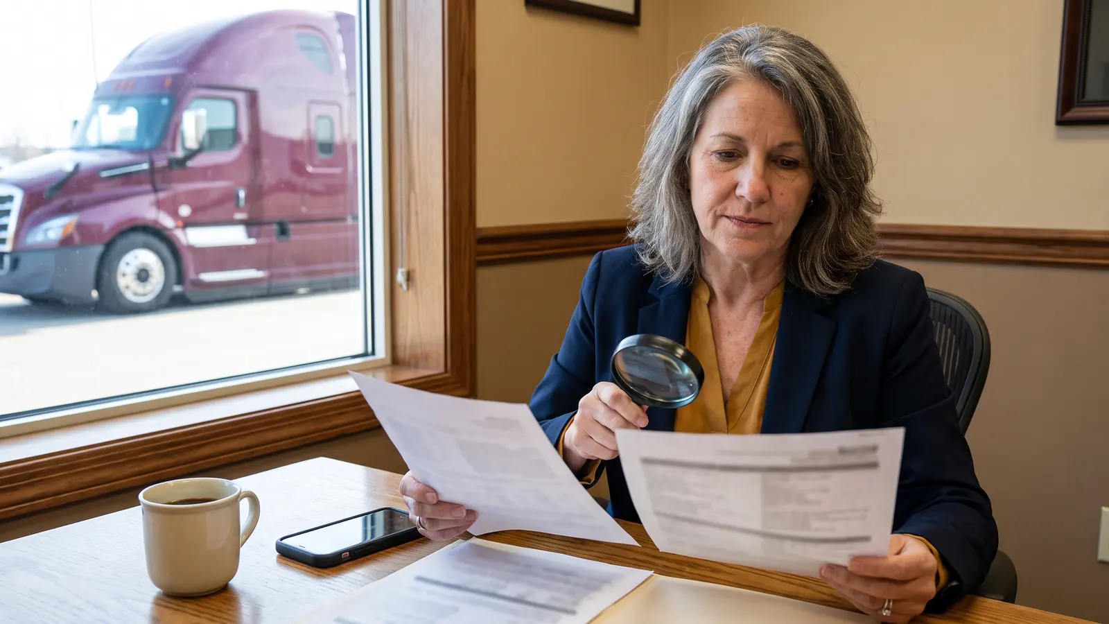 Chameleon carriers and double brokering Trucking company owner comparing two printed company profiles with a magnifying glass