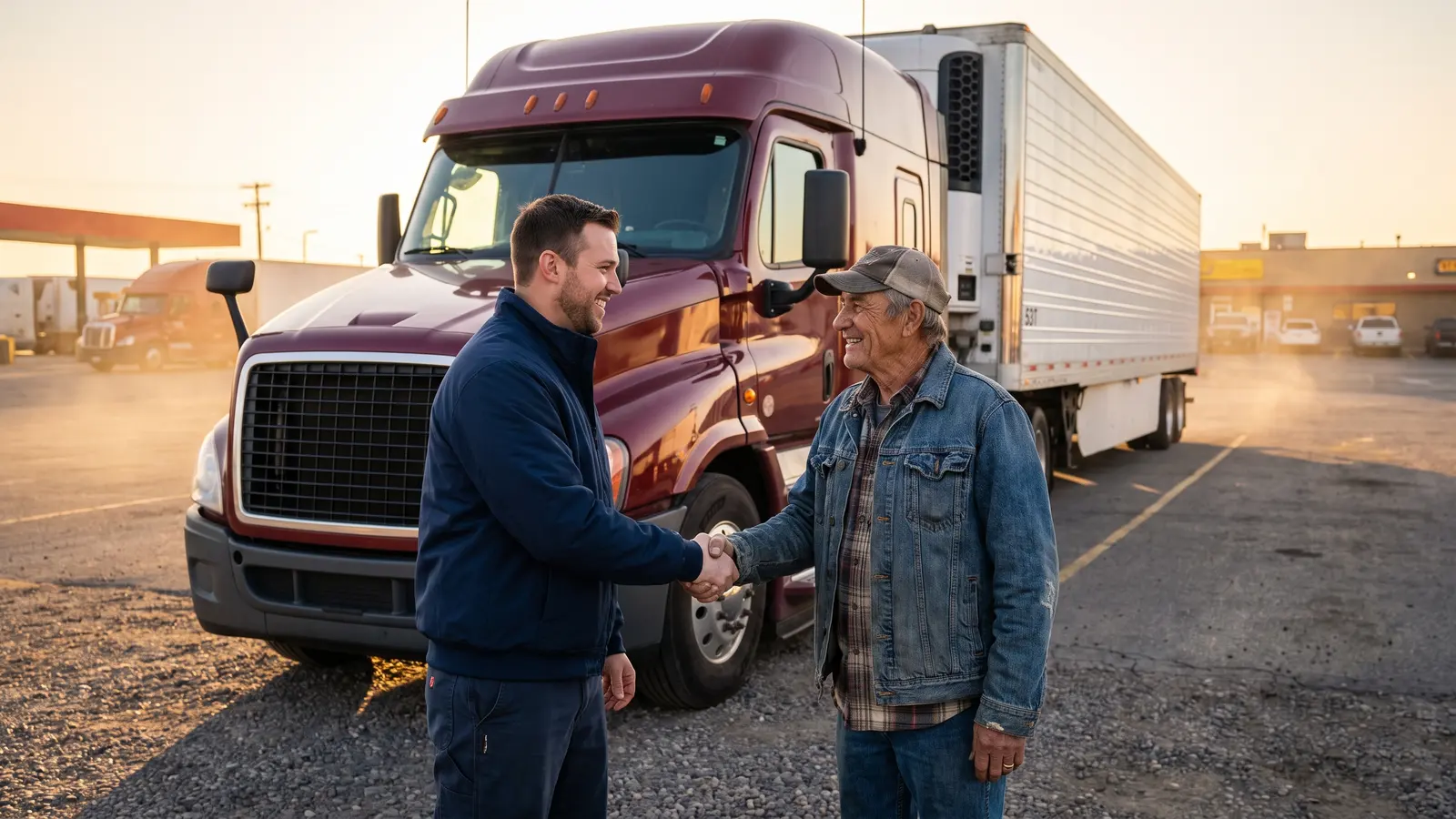 Carrier first: keeping trucking companies alive Carrier-first professional shaking hands with an owner-operator beside his semi truck at sunset