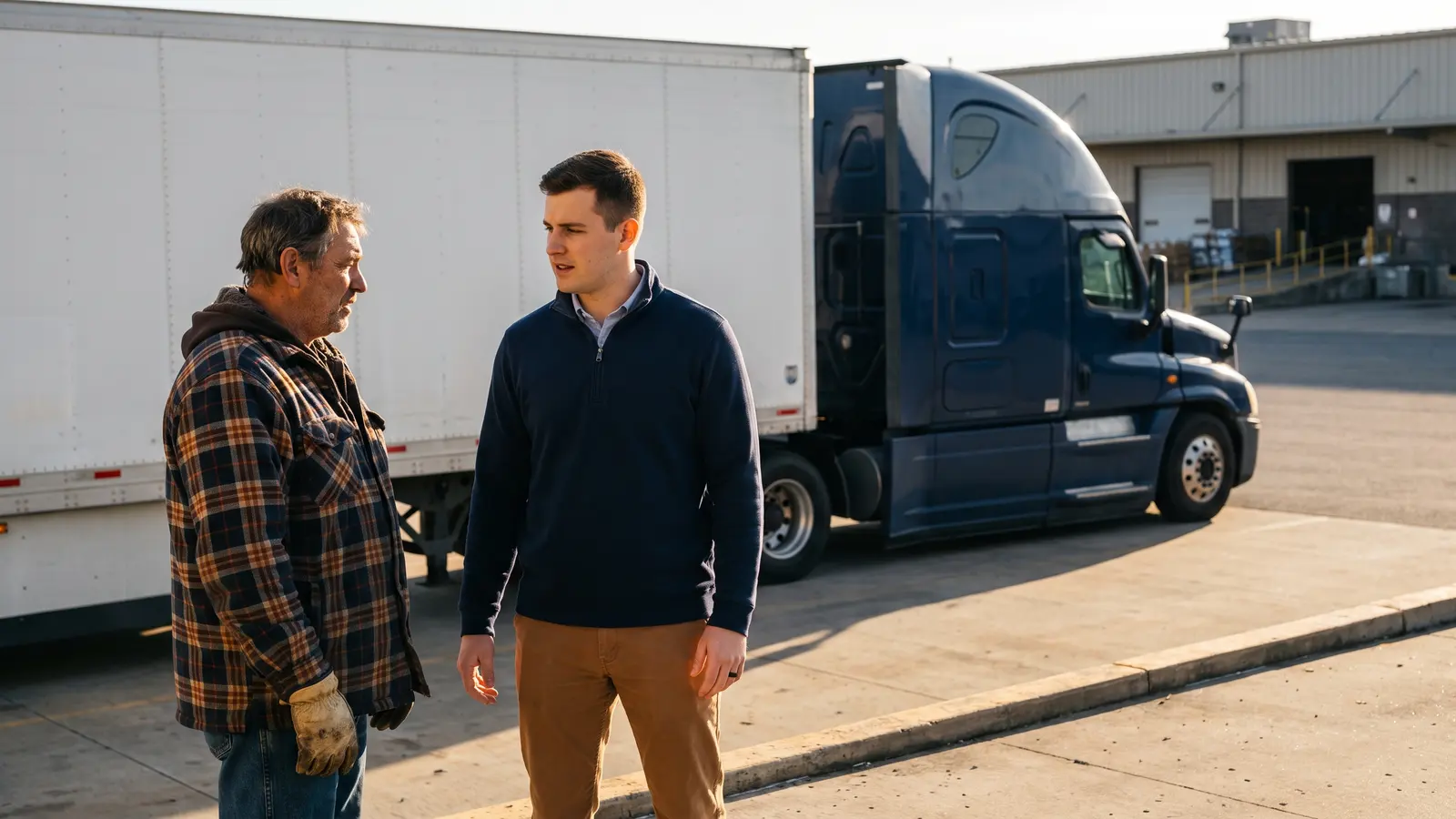 What a good freight broker should do for your carrier Carrier and logistics professional talking at a warehouse loading dock
