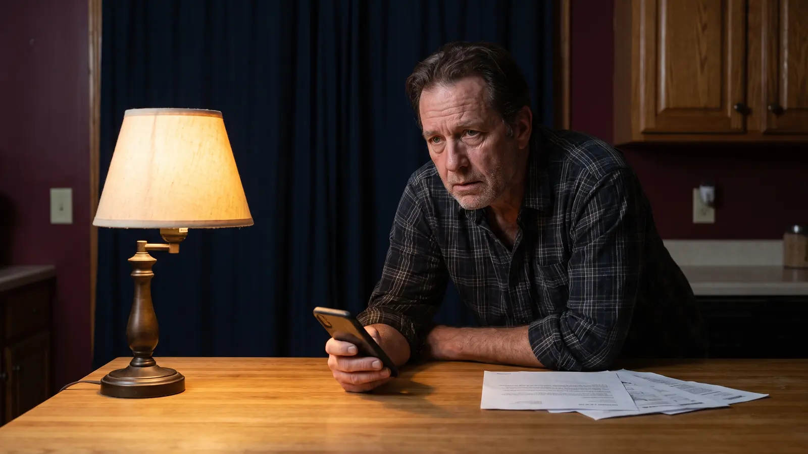 Carrier owner checking a suspicious freight offer on his phone late at night