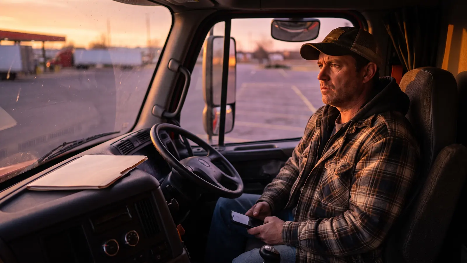 Carrier verification and driver data Truck driver in his cab thinking over a carrier verification request on his phone