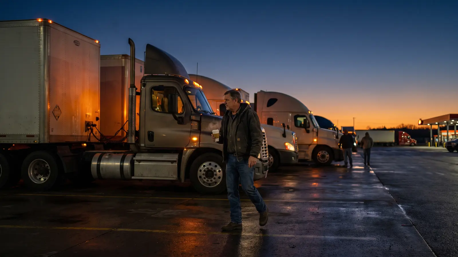 For carriers, owner-operators and drivers Truck driver walking to his cab past parked tractor-trailers at a truck stop at dusk