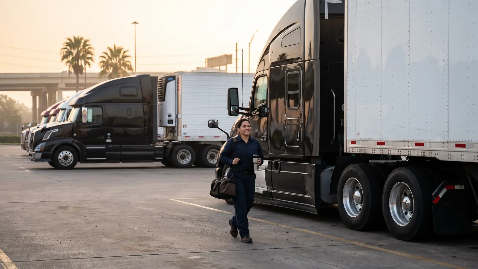 CDL-A company driver in uniform walking to her black semi truck and 53-foot dry van at sunrise in a Houston truck yard