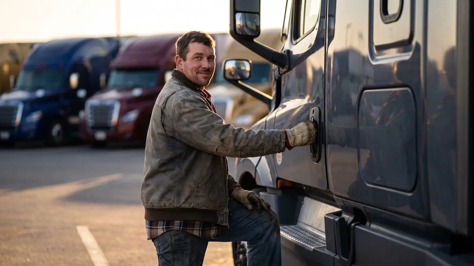 CDL-A driver jobs with LFS CDL-A truck driver climbing into the cab of his semi truck at dawn
