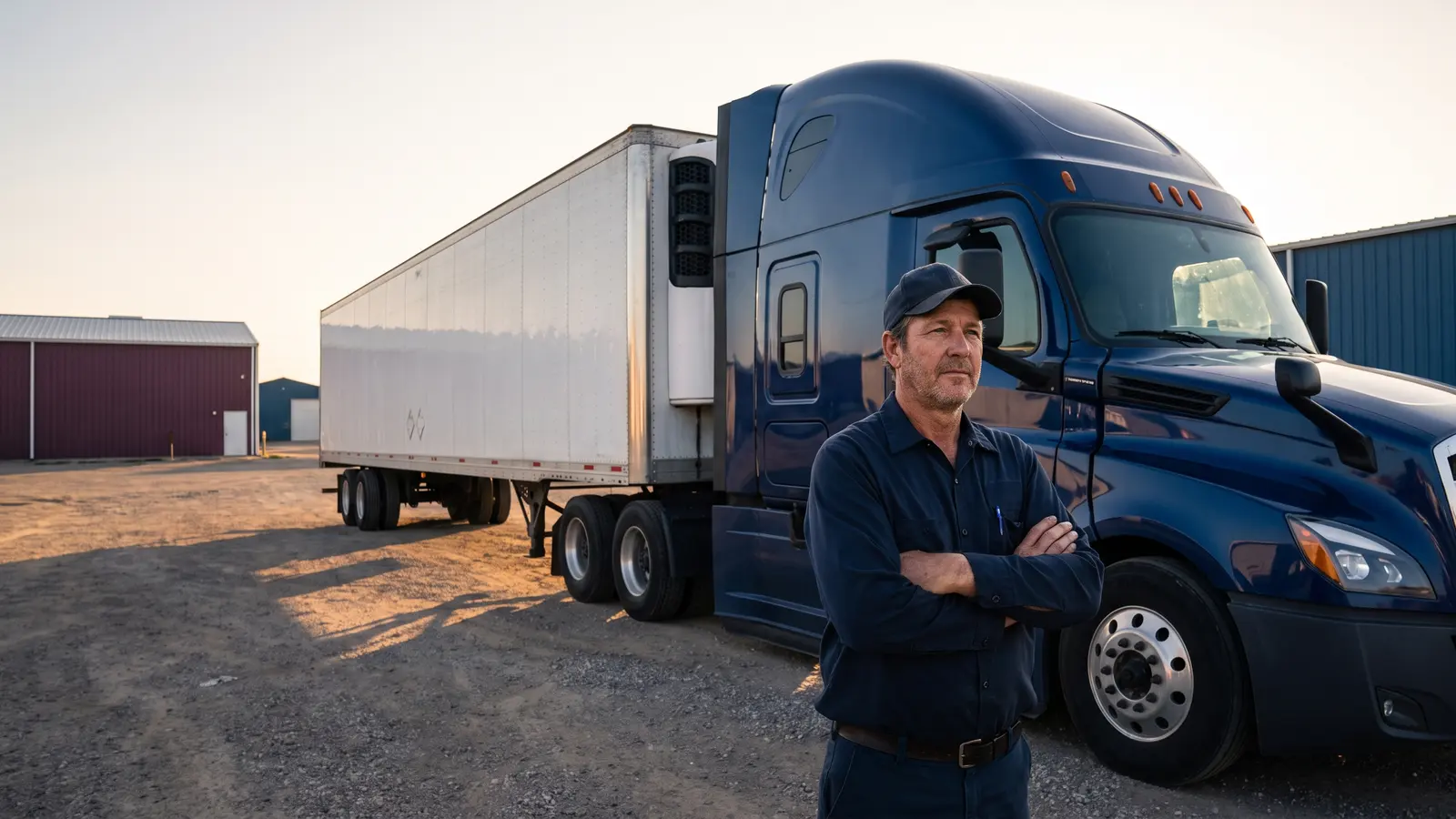 Highest-paying trucking jobs CDL-A truck driver standing beside his semi truck and refrigerated trailer at golden hour