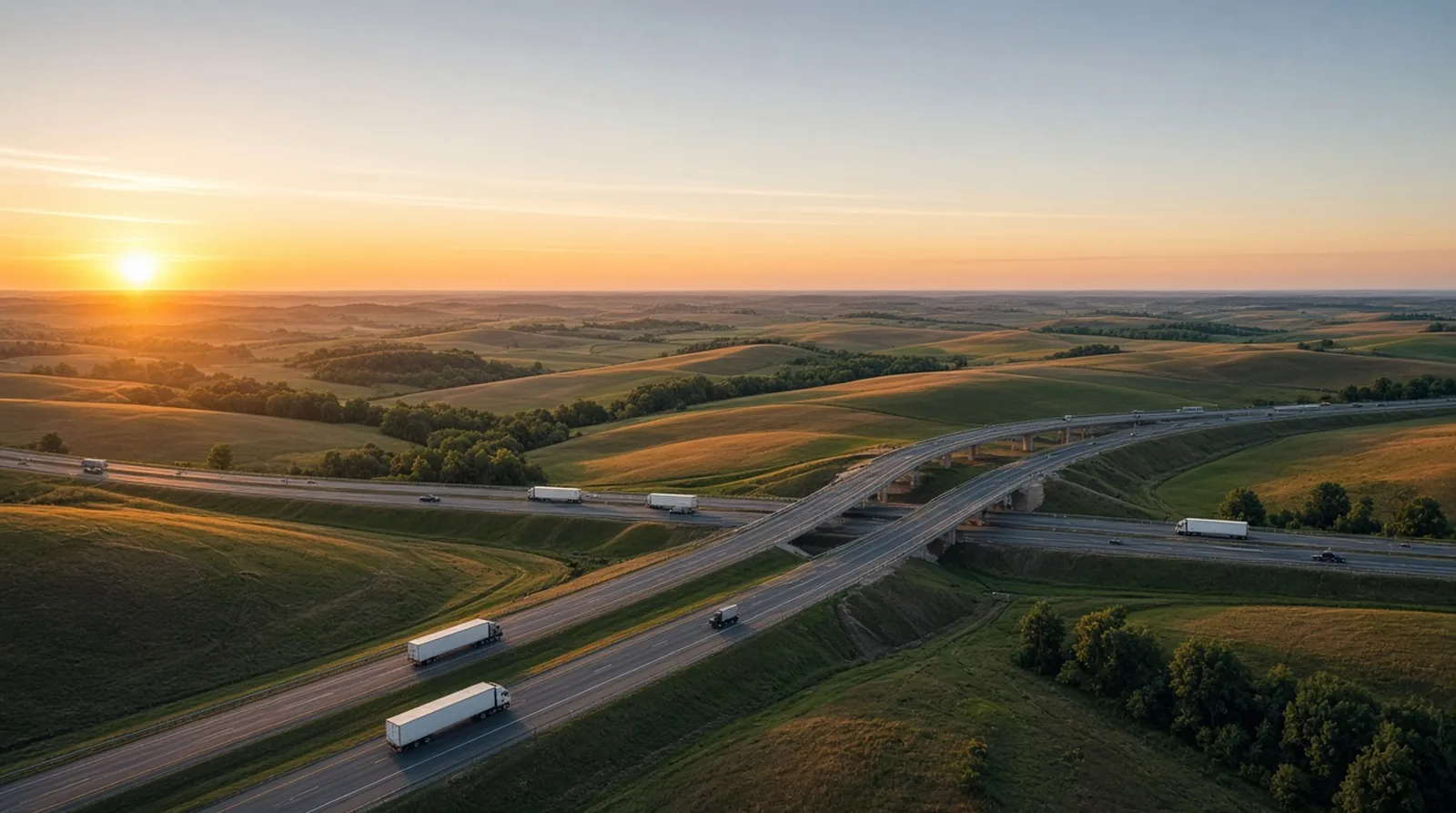 CDL-A truck driver jobs by state Semi trucks with white 53-foot trailers on an interstate interchange across farmland at sunrise