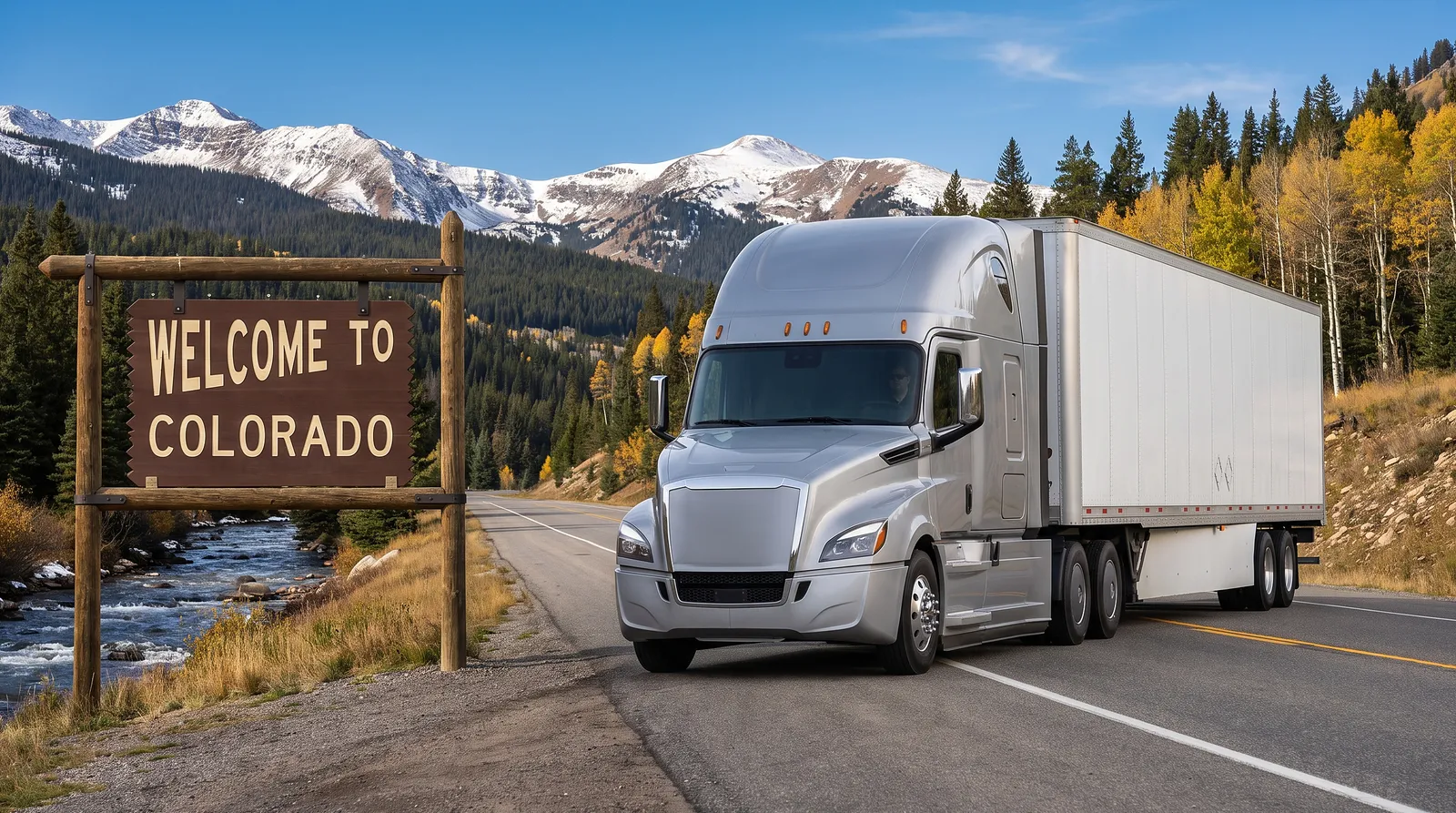 CDL-A truck driver jobs in Colorado Semi truck with a 53-foot trailer passing the Welcome to Colorado sign on the highway