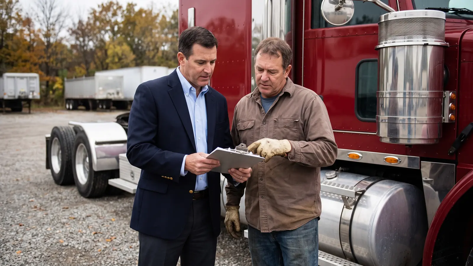 Commercial truck insurance for new authority Insurance agent reviewing a commercial truck insurance policy with a truck owner