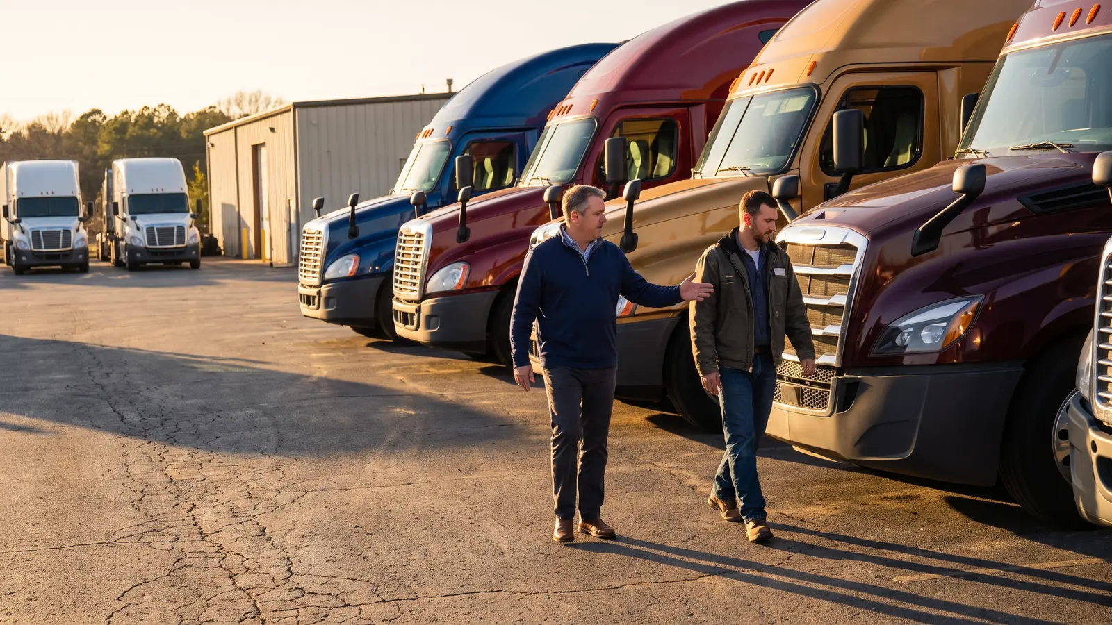 Commercial truck sales broker Commercial truck sales broker showing a buyer a row of used semi tractors