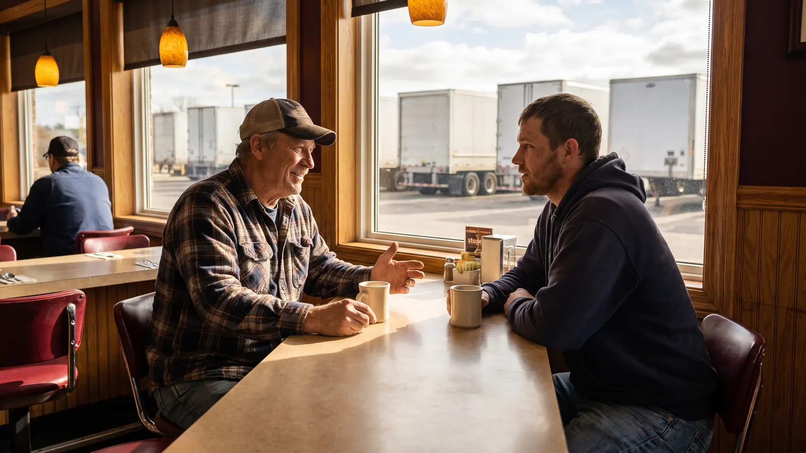 Company driver vs. owner-operator Two truck drivers talking over coffee at a truck stop