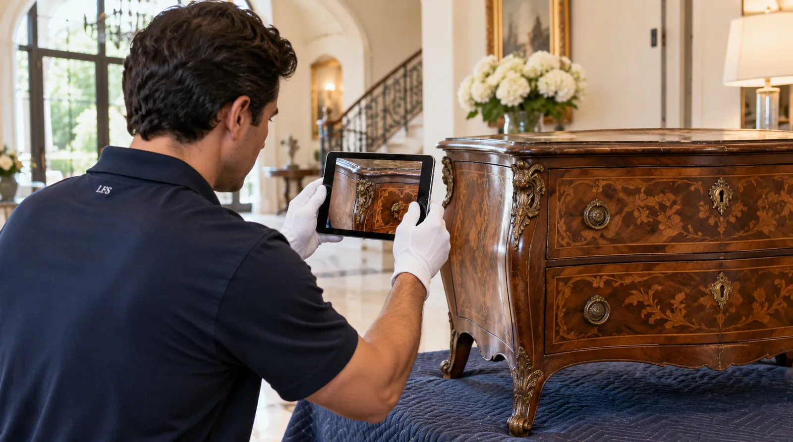 Mover in white gloves photographing an antique for a condition report in Beverly Hills
