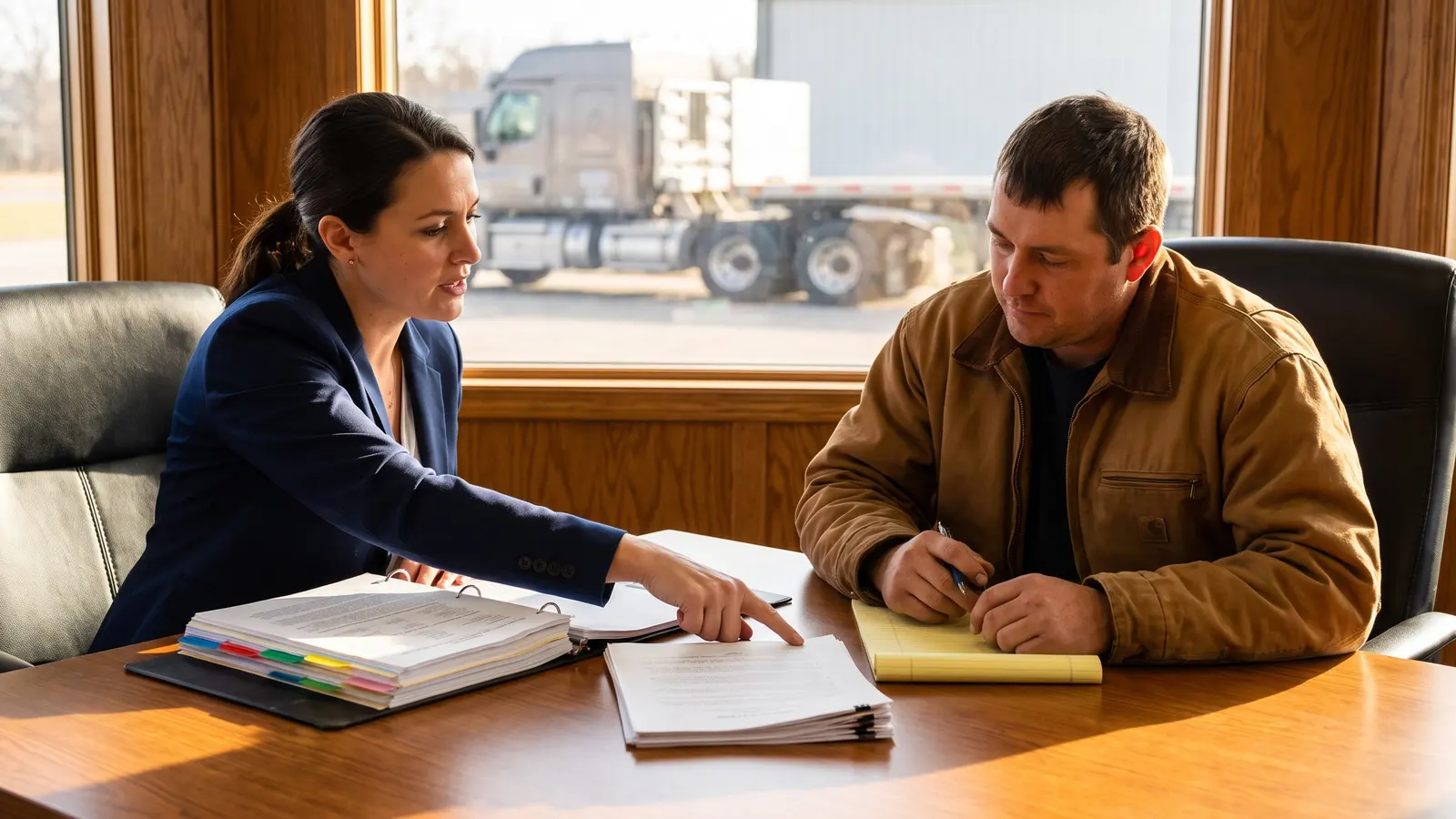 Conditional safety rating upgrade help Compliance consultant reviewing a corrective action plan with a trucking company owner