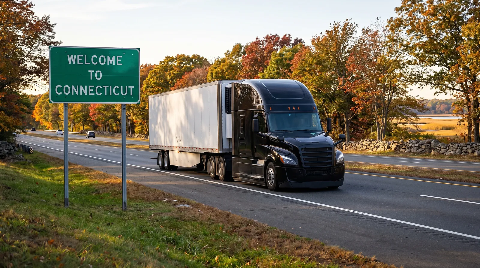 CDL-A truck driver jobs in Connecticut Semi truck with a 53-foot trailer passing the Welcome to Connecticut sign on the highway