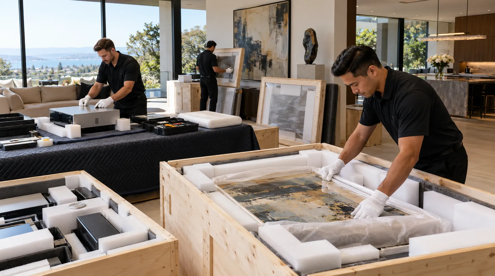 Custom crating of art and delicate electronics in a modern Bay Area home