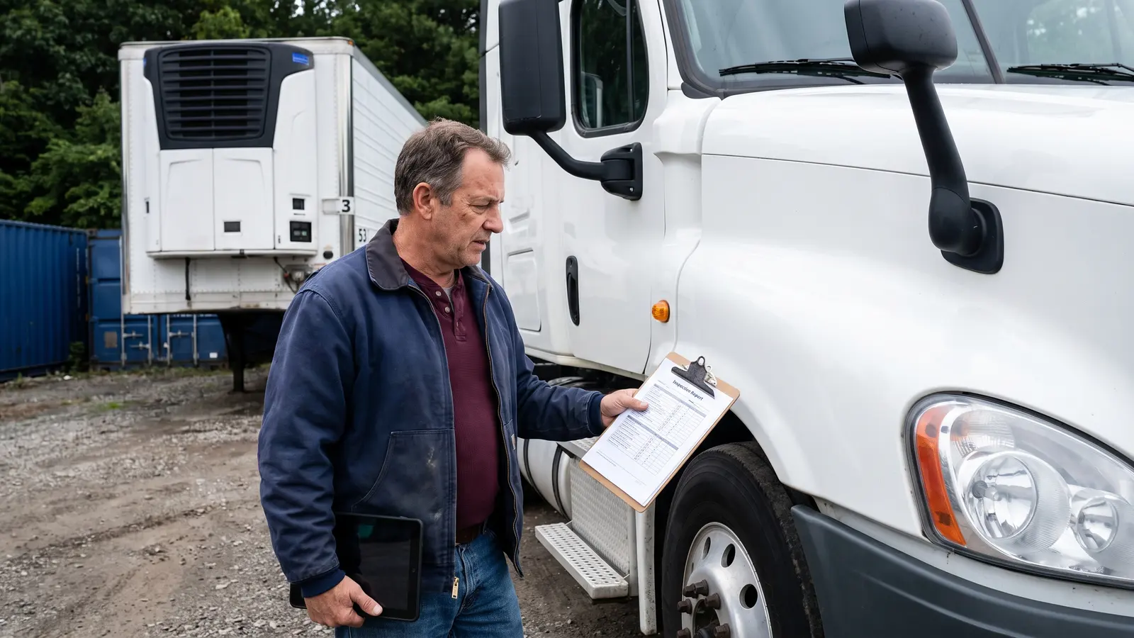 Improving CSA scores and DataQs challenges Carrier owner checking a roadside inspection report against his truck before filing a DataQs request