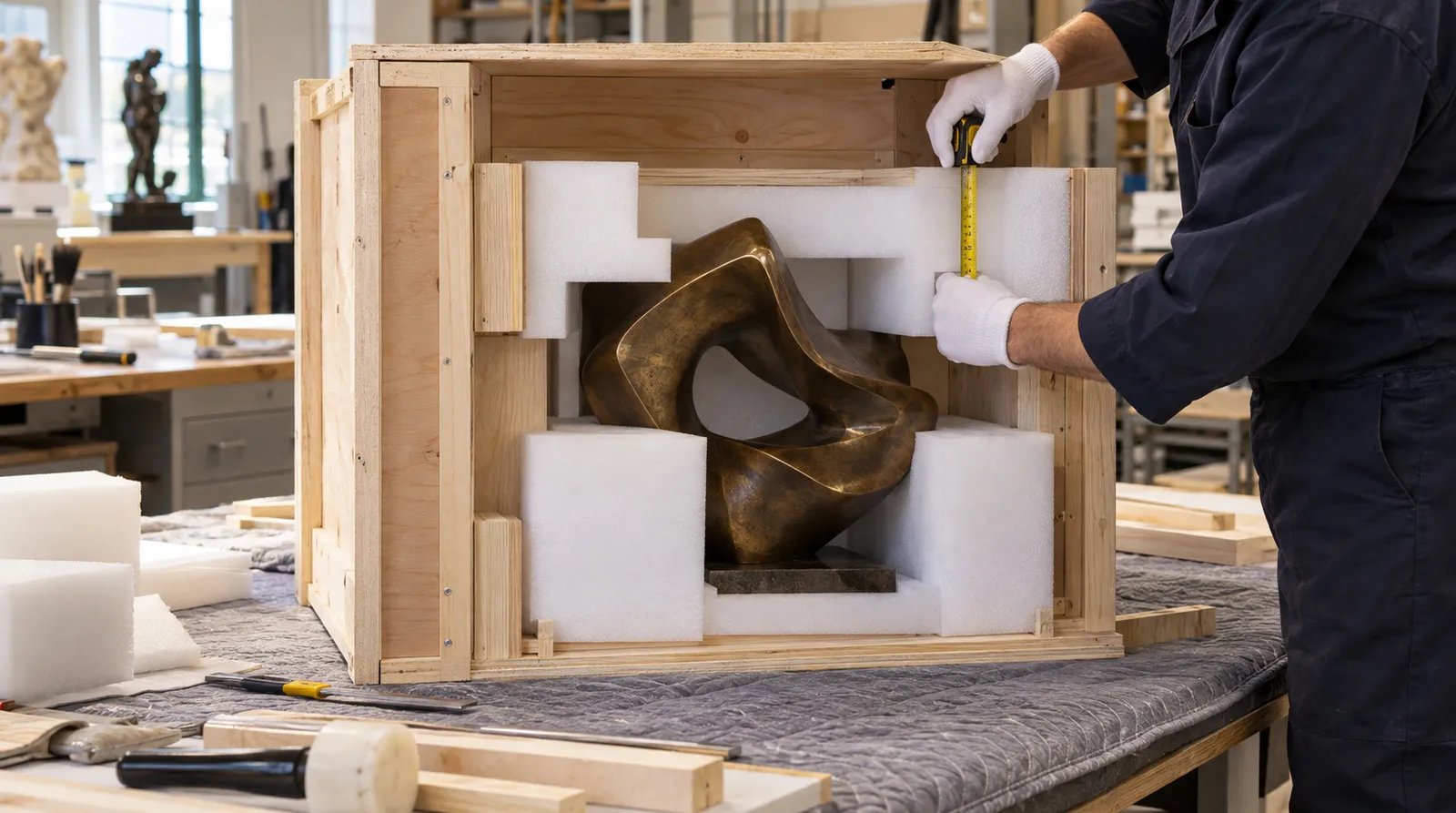 Custom wooden crate being built around a sculpture with foam in a clean workshop