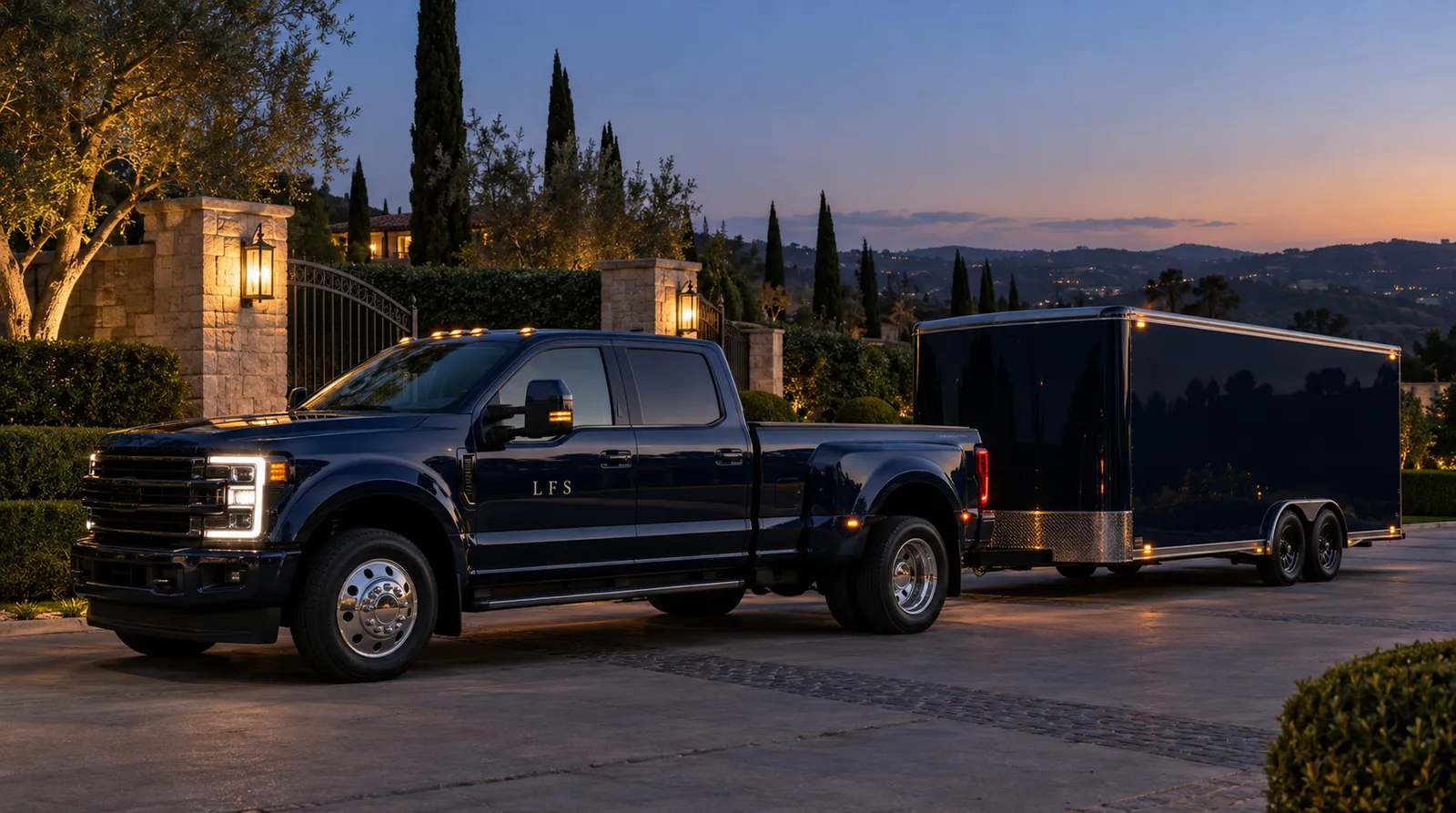 Quiet arrival at a private gate Dark enclosed trailer and F-450 with a small LFS door mark at a private gate at blue hour