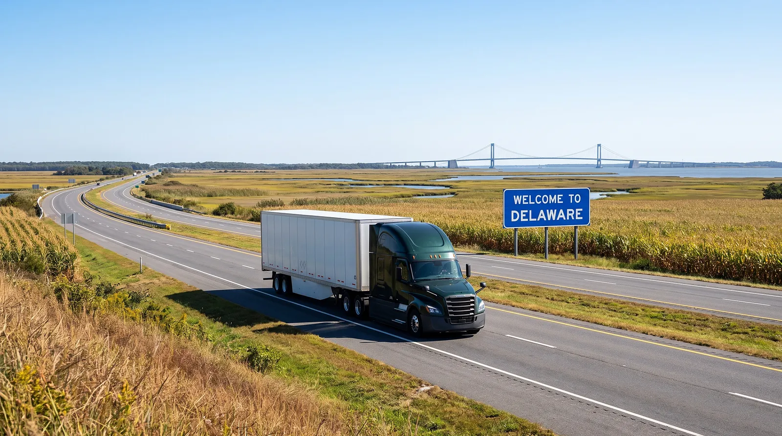 CDL-A truck driver jobs in Delaware Semi truck with a 53-foot trailer passing the Welcome to Delaware sign on the highway