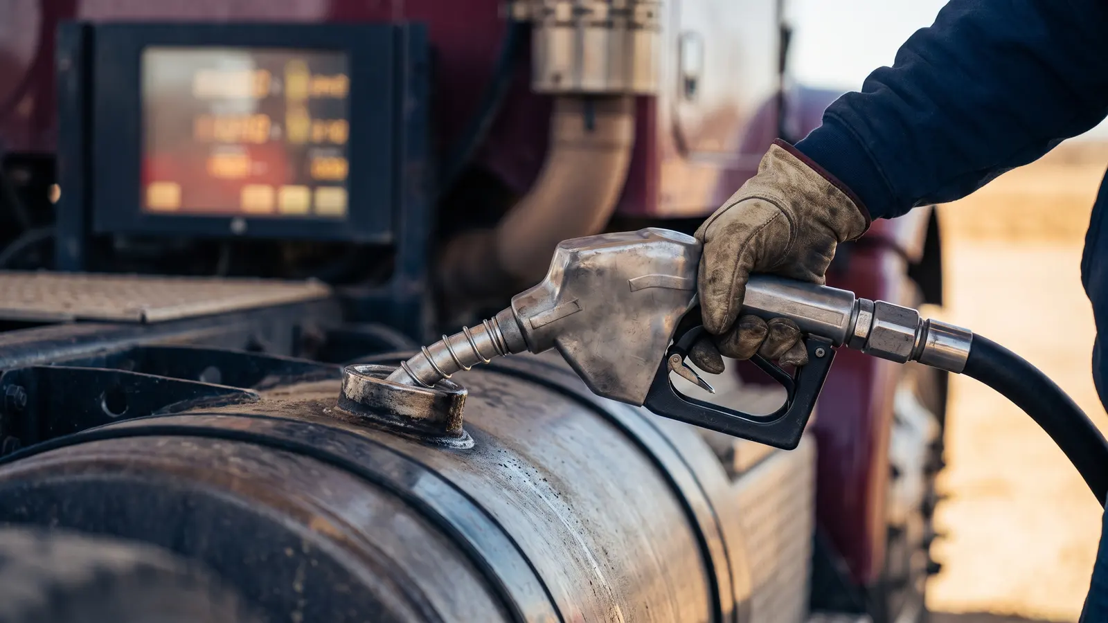 Fuel, the swing cost in every mile Diesel nozzle filling the fuel tank of a semi truck at a truck stop