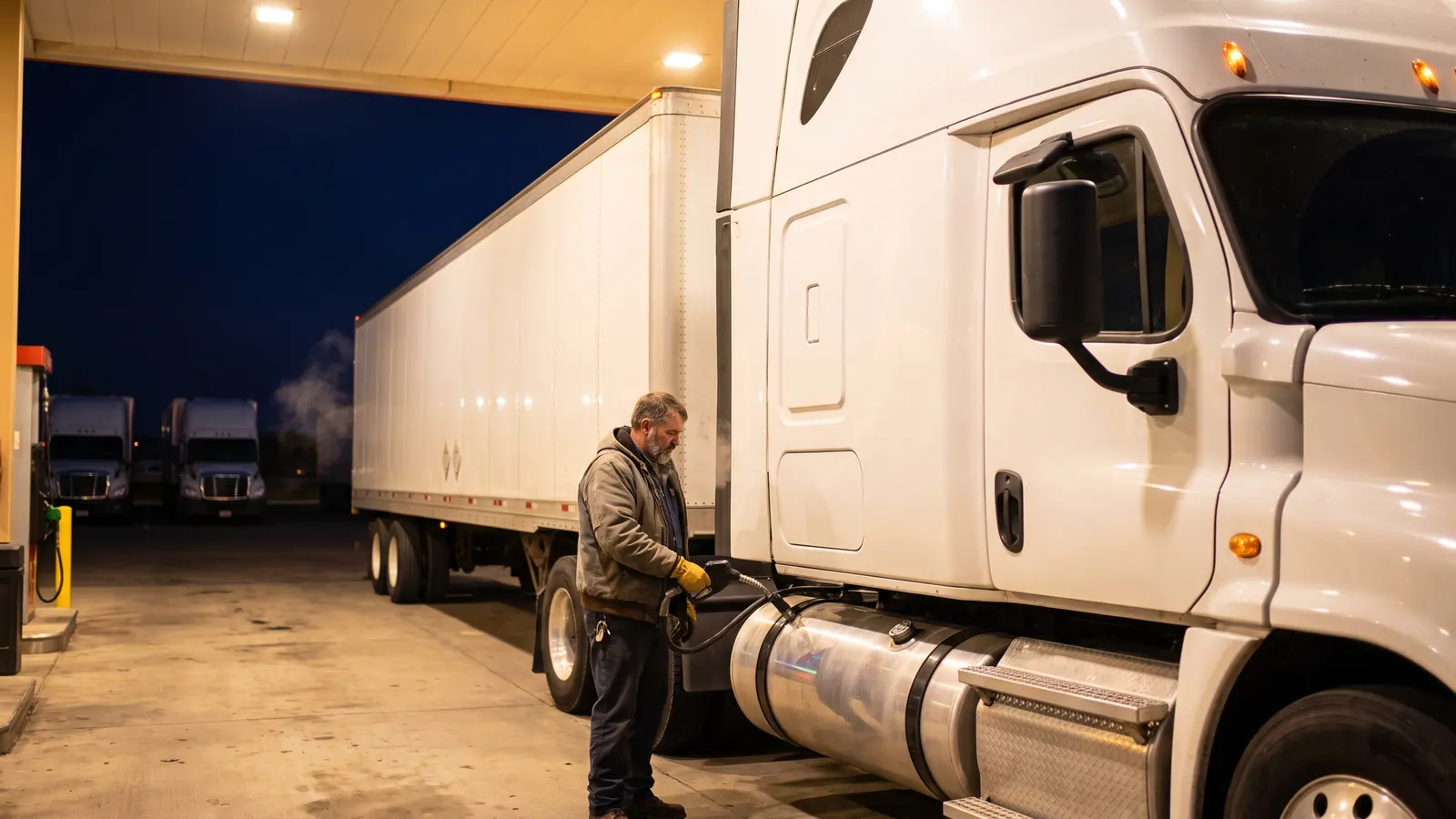 Diesel fuel prices for truckers Truck driver fueling a semi tractor at a diesel pump at night