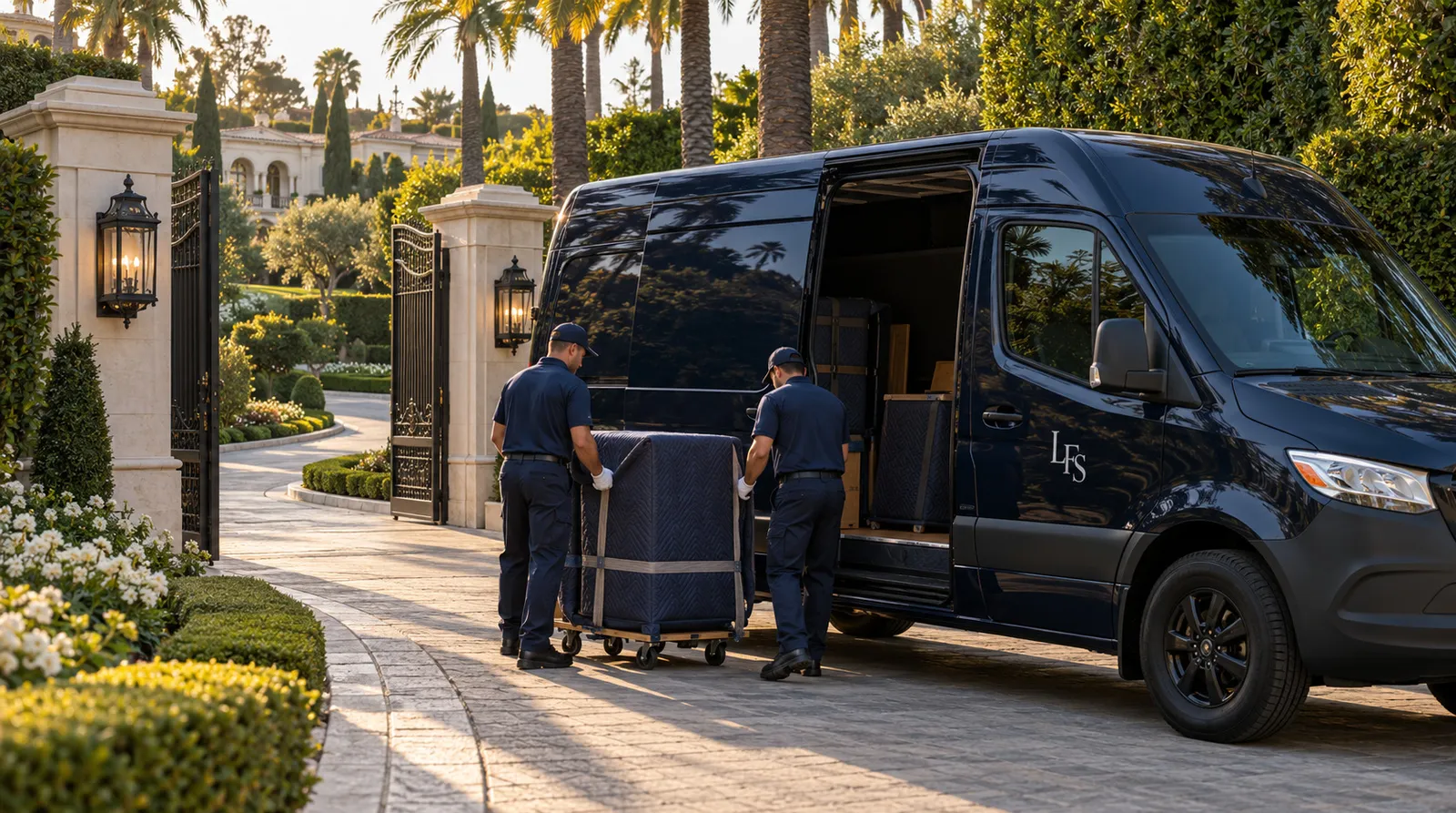 Quiet arrival at a Bel Air gate Dark LFS cargo van and crew at the gate of a Bel Air estate with manicured grounds