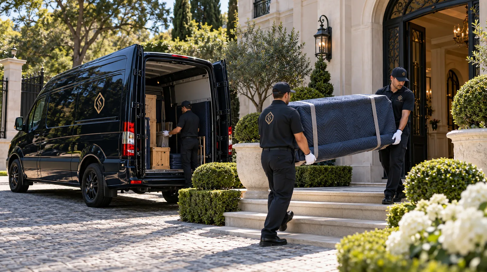 Discreet movers handling furniture at a gated Atherton-style Bay Area estate