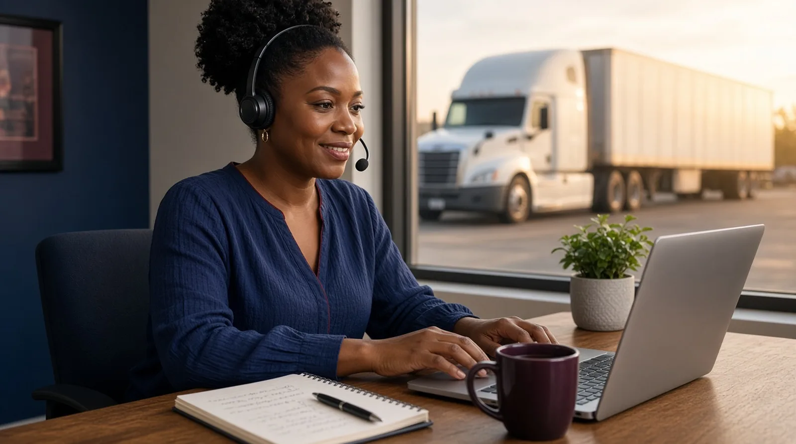 Dispatch agency owner at work Dispatch agency owner on a headset at her home office desk with a semi-truck parked outside the window