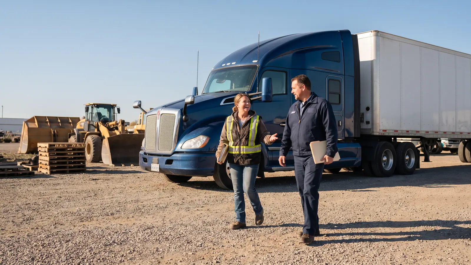 Dispatchers who build trucking companies Dispatcher walking a new trucking company owner to her first truck and 53-foot dry van