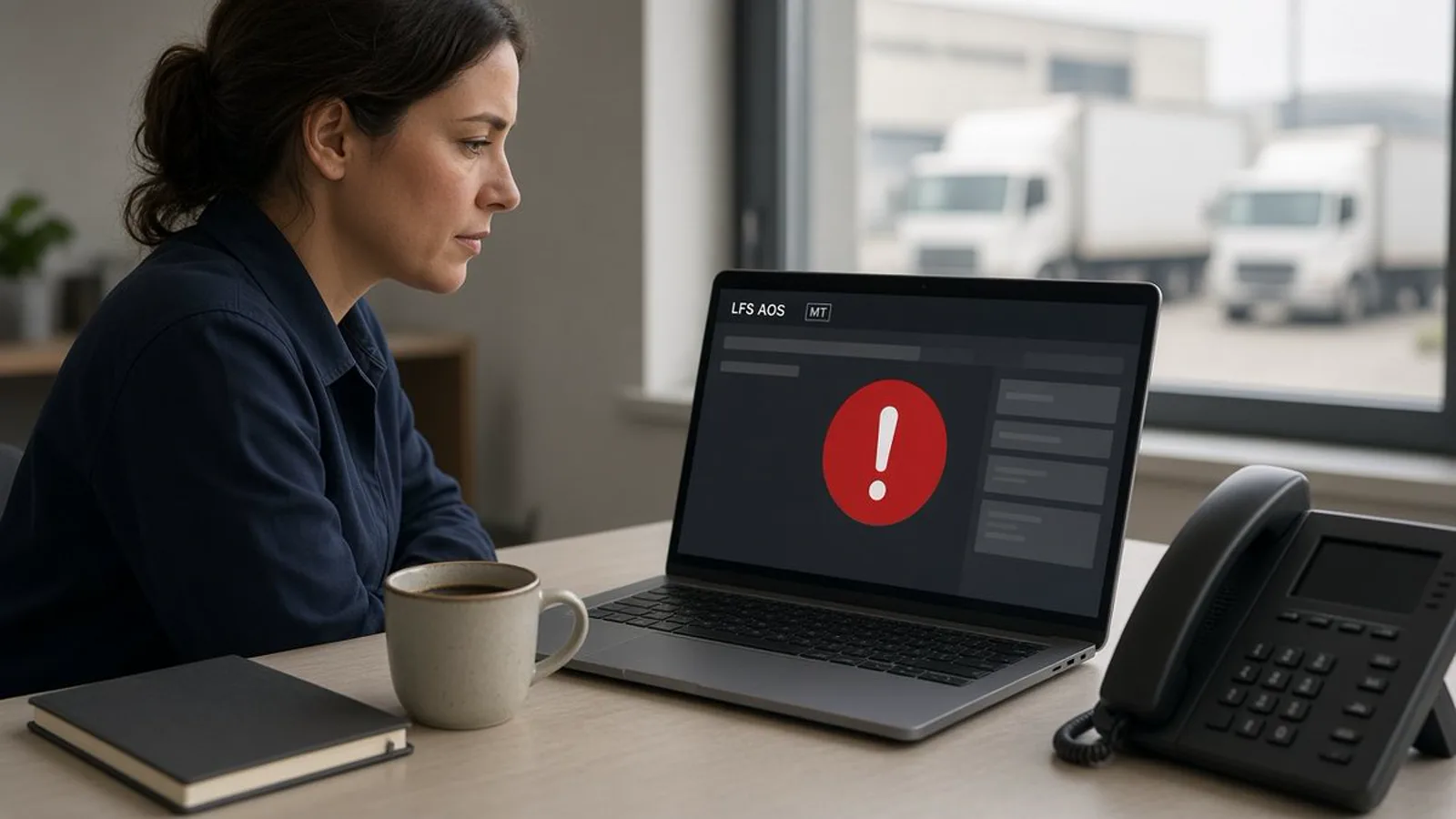 Dispatcher sees an LFS AOS fraud alert Dispatcher at her desk as LFS AOS shows an MT fraud alert on her laptop screen