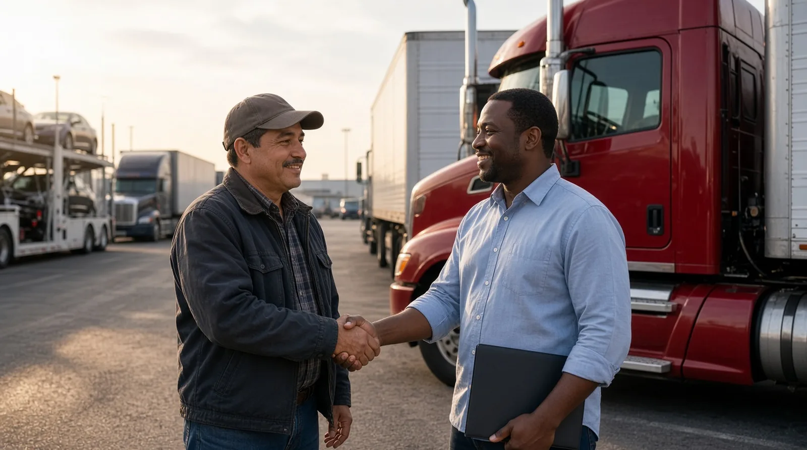 Dispatcher and owner-operator partnership Dispatcher shaking hands with an owner-operator beside his parked semi-truck at a truck stop