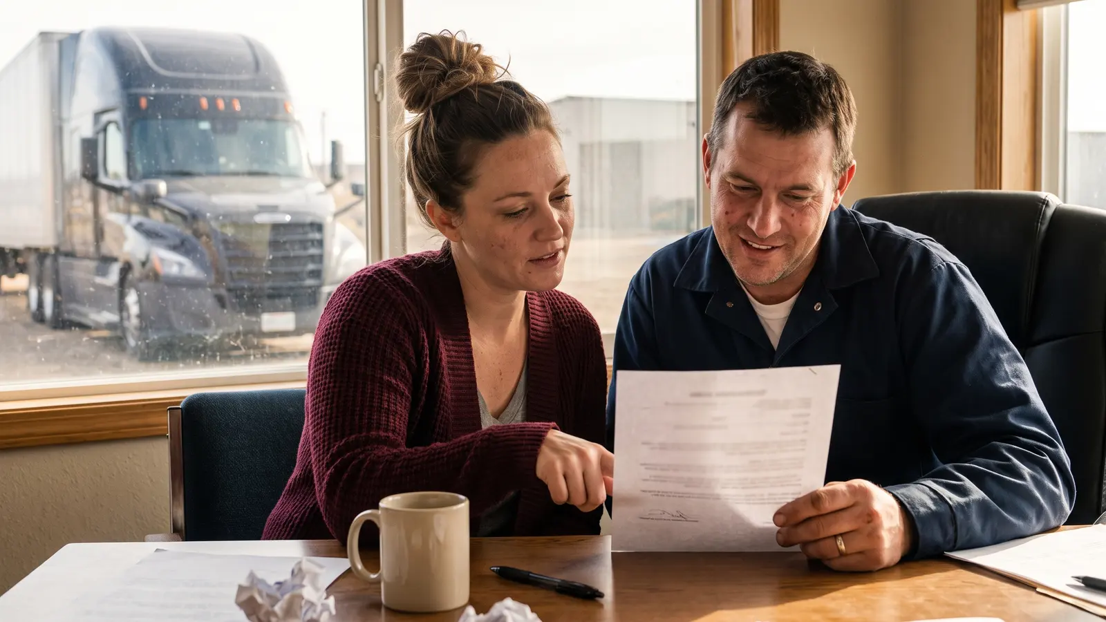 Every rate confirmation shown to the carrier Dispatcher going over a rate confirmation with a trucking company owner at his desk
