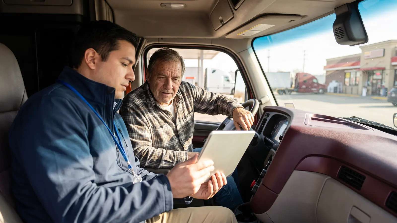 Dispatcher searching loads on a tablet in the passenger seat of a parked truck