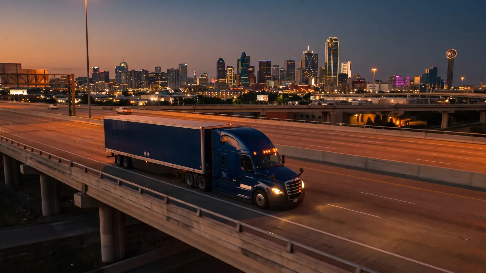 DOT compliance services in Dallas, Texas Tractor-trailer on a Dallas, Texas freeway at dusk with the downtown skyline