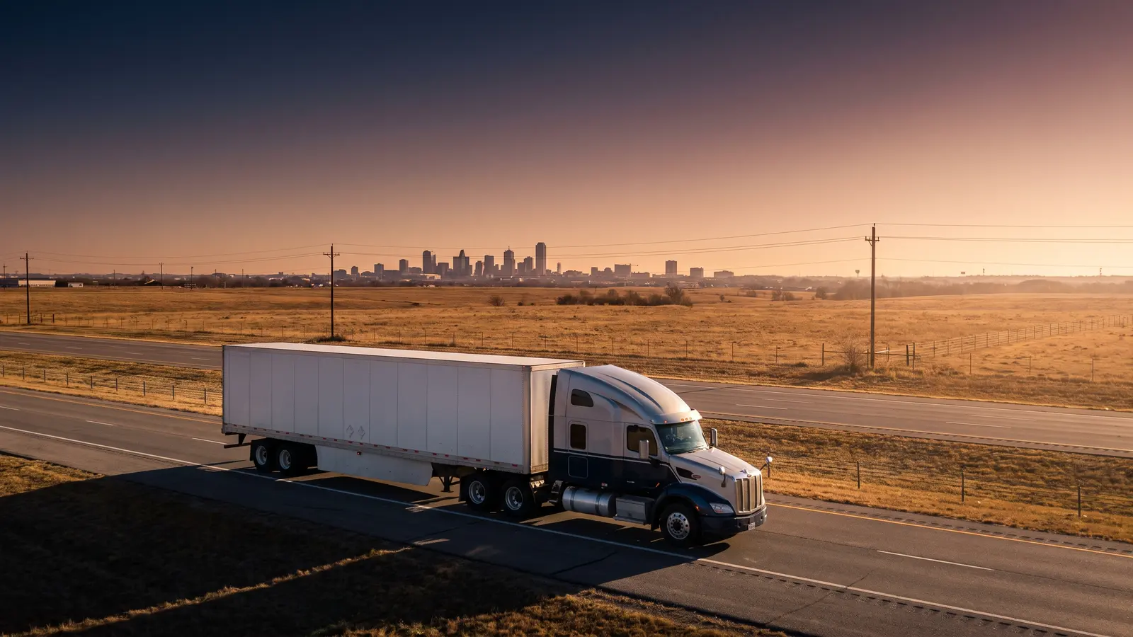 DOT compliance services in Fort Worth, Texas Semi truck on a highway near Fort Worth, Texas at sunrise