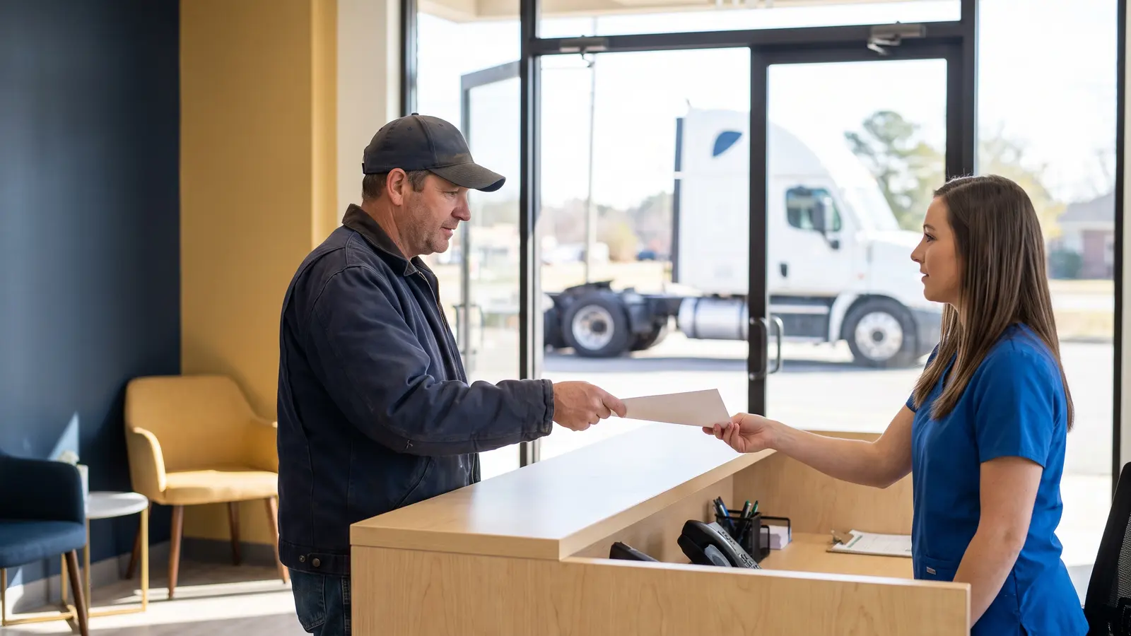 DOT drug and alcohol testing program setup Truck driver checking in at a clinic for a DOT pre-employment drug test
