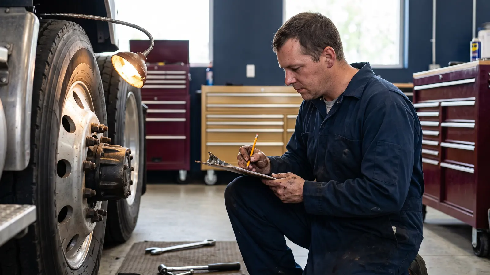 DOT maintenance file requirements Mechanic recording a semi truck brake inspection for maintenance records