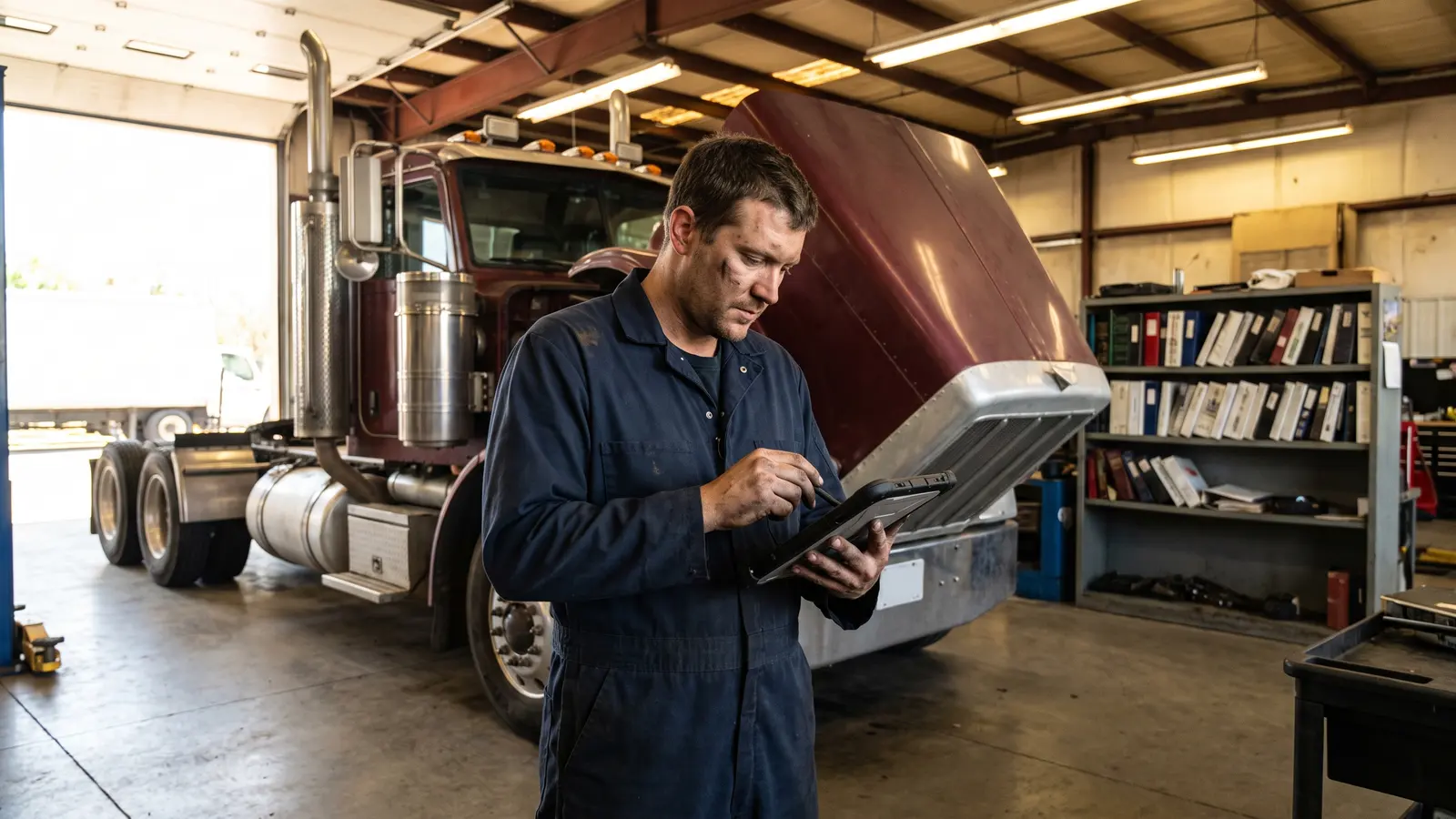 DOT vehicle maintenance records Mechanic recording a semi-truck inspection for DOT vehicle maintenance records