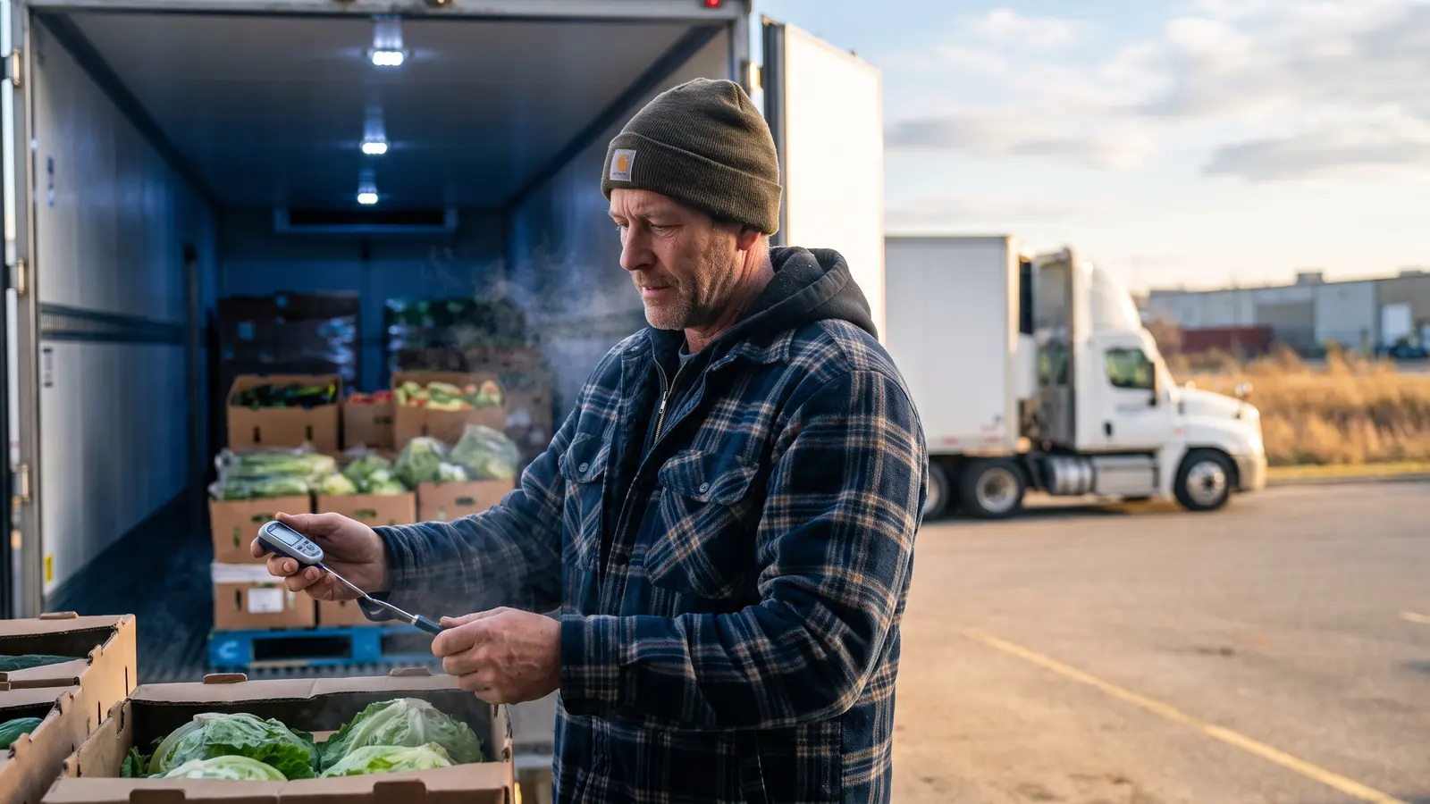 Reefer freight asks more of the driver Truck driver checking the temperature of a produce load in a refrigerated trailer